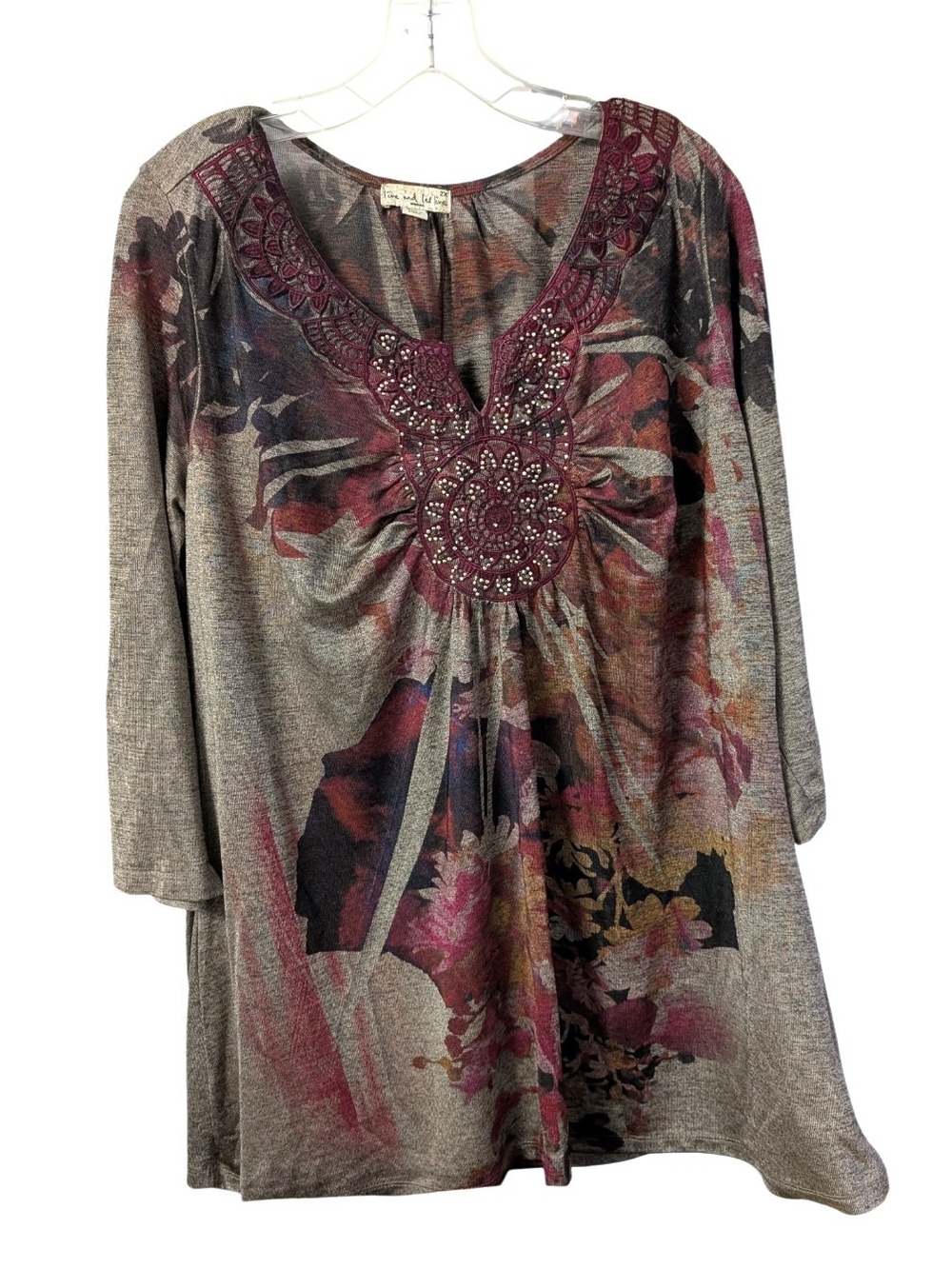 Live and Let Live Boho Beaded Floral Tunic Top 2X